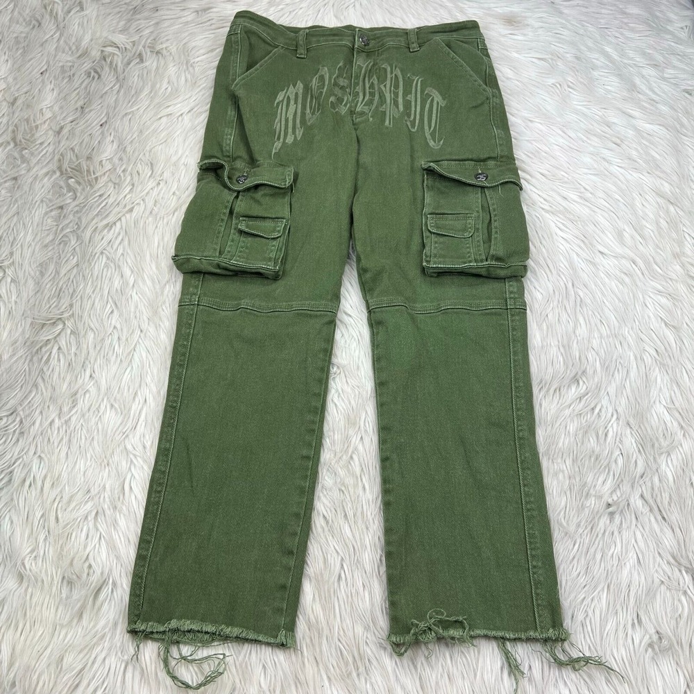 Moshpit Misfits Men's 32 Green Heavy Weight Cropped Cargo Pants Embroidered